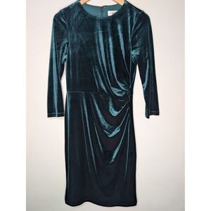 Eliza J Emerald Velvet Sheath Dress Sz 6 3/4 Sleeve Ruched Cocktail Holiday